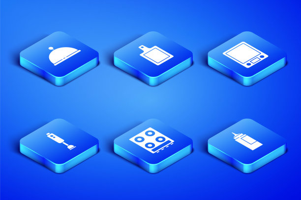 设置酱瓶，覆盖托盘，煤气炉，搅拌机，砧板和电子秤图标。向量图片下载