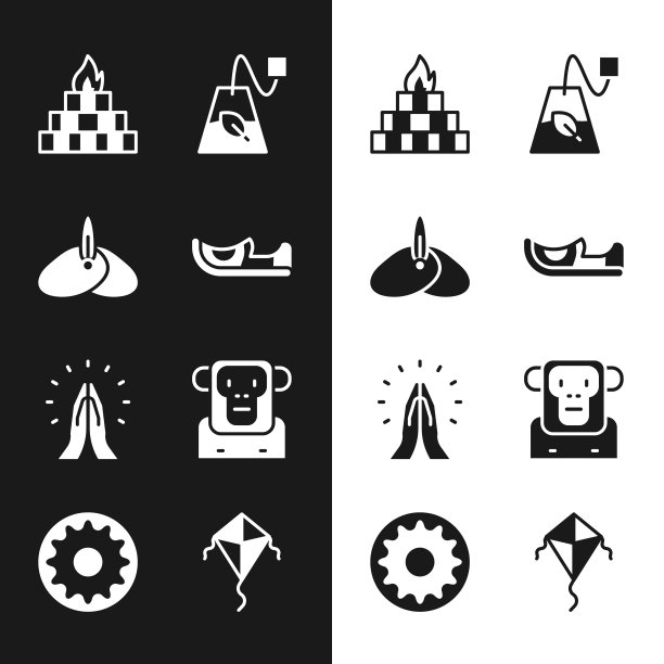 设置印度鞋，头巾，Yagna，茶包，双手在祈祷的位置，猴子，风筝和脉轮图标。向量图片下载