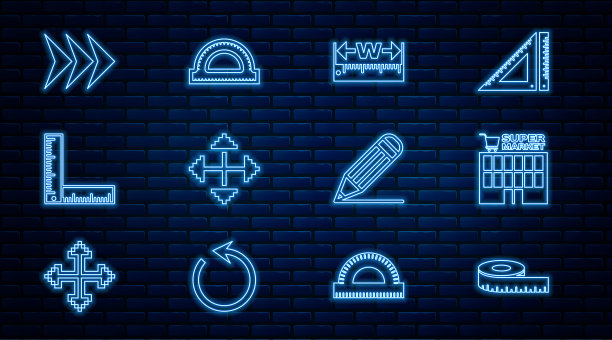 设置线卷尺，超市大楼，测量高度和长度，像素箭头四个方向，折叠尺，箭头，铅笔线和量角器网格图标。向量图片下载