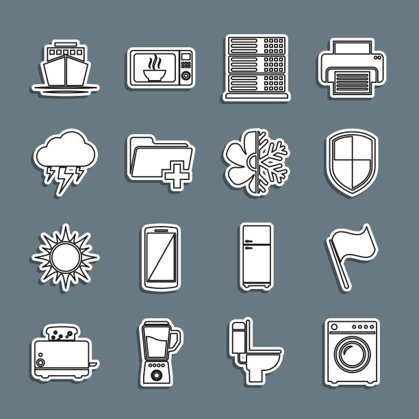 设置线垫圈，旗帜，盾牌，服务器，数据，Web主机，添加新文件夹，风暴，船和空调图标。向量图片下载