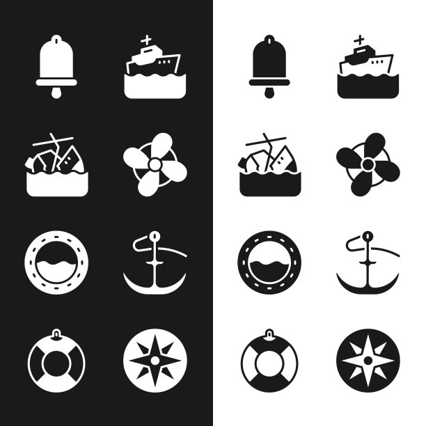 设置船螺旋桨，沉没游轮，船钟，巡航，舷窗，锚，风玫瑰和救生圈图标。向量图片下载