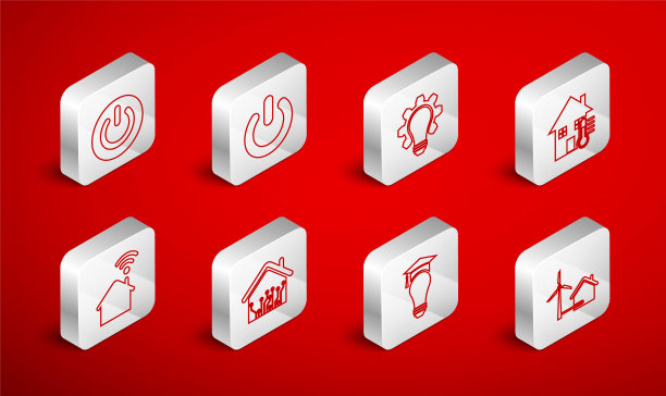 设置线房子与风力涡轮机，电源按钮，灯泡和齿轮，温度，毕业帽，智能家居和wi-fi图标。向量图片下载