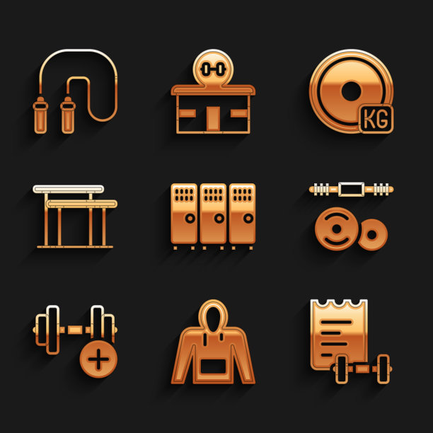 设置更衣室或更衣室，卫衣，运动训练计划，杠铃，哑铃，高低杠，重量板和跳绳图标。向量图片下载