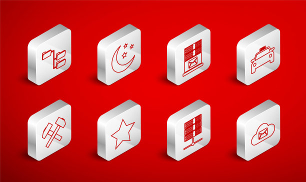 设置线云邮件服务器，月亮和星星，邮件，出租车，服务器，数据，网络托管，文件夹树，星星和两个交叉的锤子图标。向量图片下载