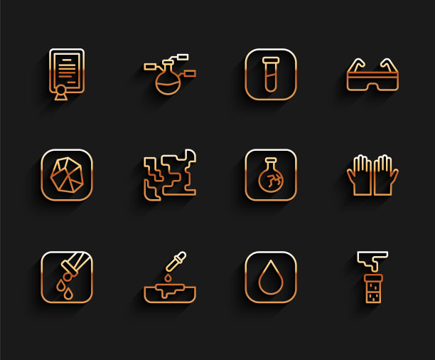 设置线试管和烧瓶，带移液管的培养皿，证书模板，水滴，气体，医用橡胶手套和裂纹图标。向量图片下载