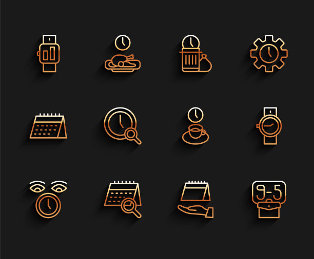 设置线时钟，日历搜索，智能手表，从9，放大镜与时钟，手腕和咖啡时间图标。向量图片下载