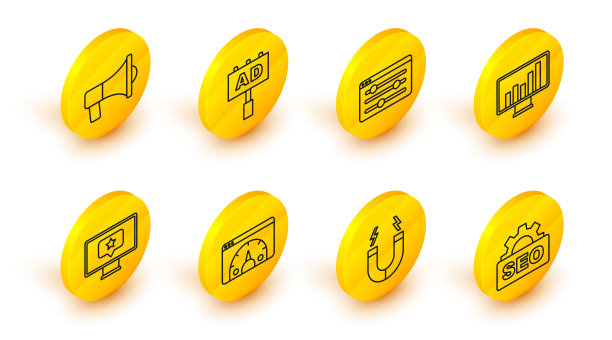 设置线SEO优化，磁铁，网站统计，监视器与星，图表，浏览器设置，广告和扩音器图标。向量图片下载