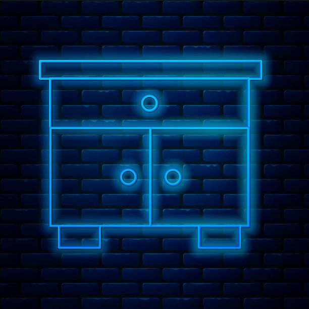 发光的霓虹灯线家具床头柜图标隔离在砖墙背景。向量图片下载