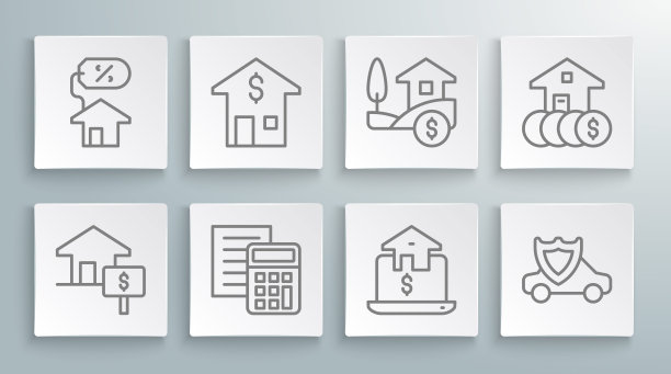 设置行房子与美元，计算器，在线房地产，汽车盾牌，和百分比图标。向量图片下载