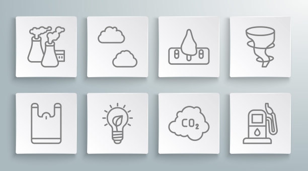 设置线塑料袋，云，灯泡与叶子，二氧化碳排放在云，汽油或加油站，森林砍伐，龙卷风和烟雾从工厂图标。向量图片下载