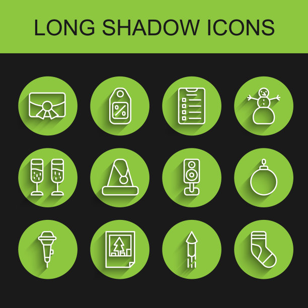 套装线麦克风，圣诞明信片，烟花火箭，袜子，圣诞老人帽子，球和立体声扬声器图标。向量图片下载