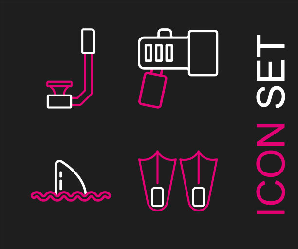 集线橡胶鳍，鲨鱼鳍在海浪，手电筒和浮管图标。向量图片下载