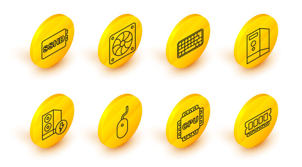 设置行内存、随机存取存储器、带CPU的处理器、电脑鼠标、电脑机箱、键盘、冷却器和SSHD卡图标。向量图片下载