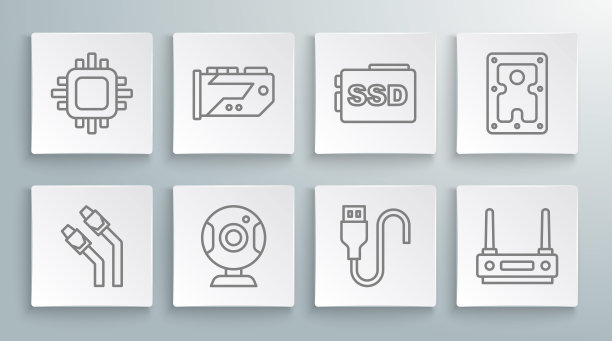 设置线路LAN电缆网络互联网，视频显卡，网络摄像头，USB线，路由器和wi-fi信号，SSD，硬盘驱动器HDD和处理器与CPU图标。向量图片下载