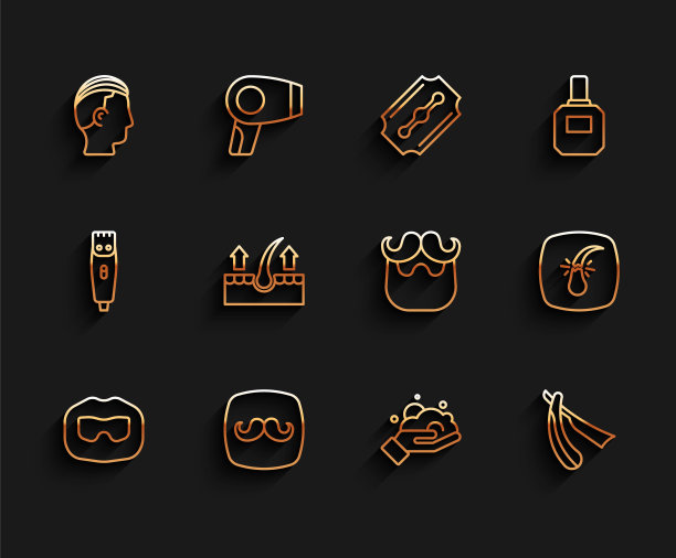 集线胡子和胡子，理发店，发型的男人，剃须泡沫在手，直剃刀，人的毛囊，破碎和图标。向量图片下载