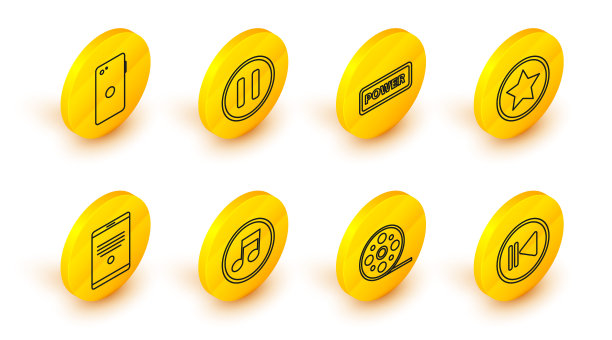 设置线倒带，电影卷轴，音乐音符，音调，平板电脑，星星，电源按钮，暂停和智能手机，手机图标。向量图片下载