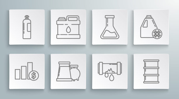 饼图、漏水金属管、桶、试管烧瓶、防冻罐和工业缸罐线条集矢量图图片下载
