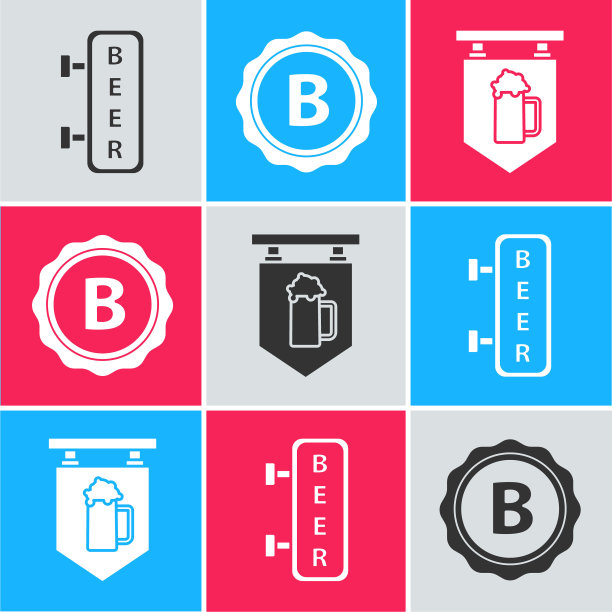 设置印有啤酒字样的街头招牌，印有啤酒字样的瓶盖和印有啤酒杯子图标的街头招牌。向量图片下载