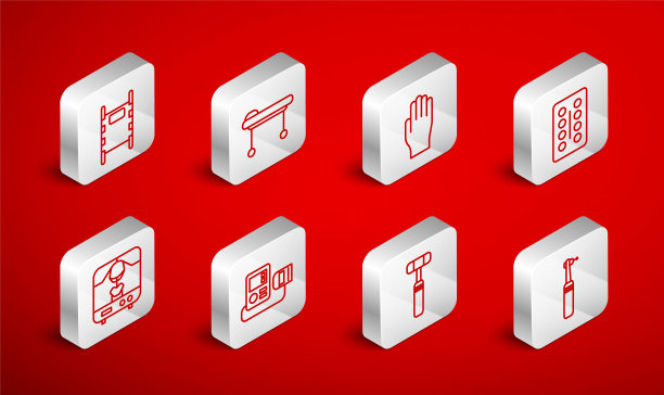 设置线牙钻，担架，医用橡胶手套，吸塑包装药丸，神经反射锤，血压和x光机图标。向量图片下载