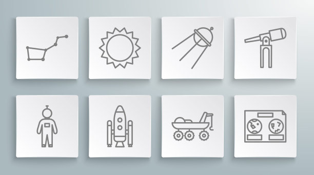 集线宇航员，太阳，航天飞机和火箭，火星漫游者，夜空天体地图，卫星，望远镜和大熊星座图标。向量图片下载