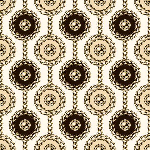 无缝模式与圈与金链，珠。在米色背景上垂直排列的元素。图片下载
