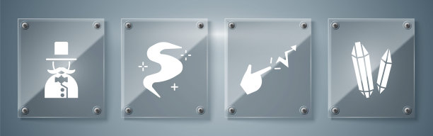 设置魔法石，法术，魔法雾或烟雾和魔术师。方形玻璃面板。向量图片下载