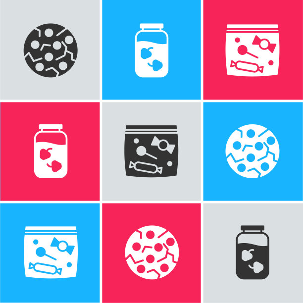 设置饼干或饼干，草莓果酱罐和糖果包装为糖果图标。向量图片下载