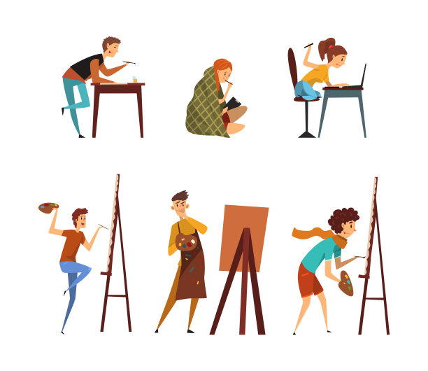 男人和女人艺术家绘画画布与画架和平板图形绘图矢量集图片下载
