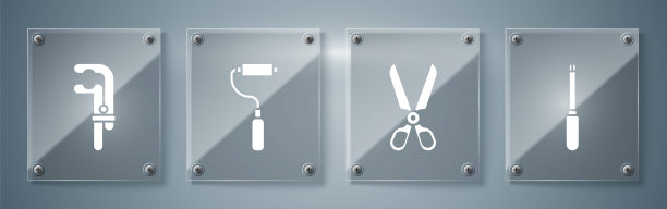 设置螺丝刀，剪刀，油漆刷和夹具工具。方形玻璃面板。向量图片下载