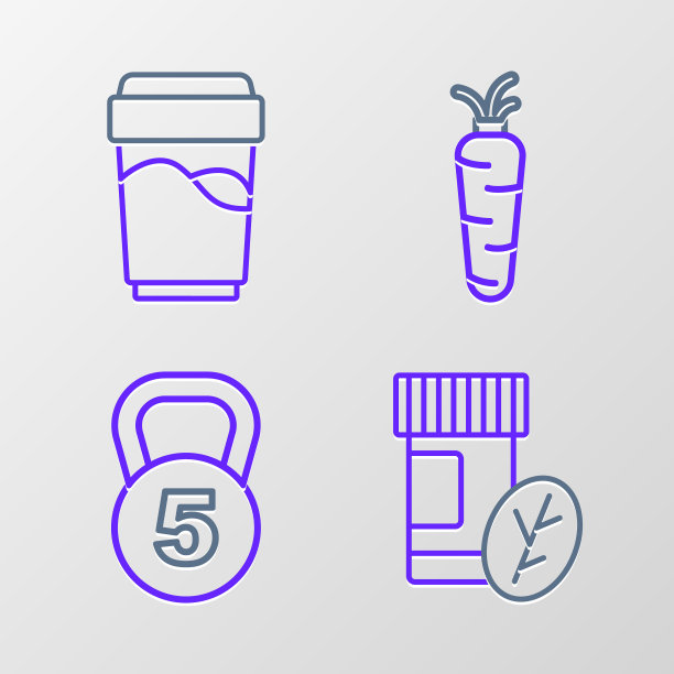 设置线维生素药片，体重，胡萝卜和玻璃杯与水图标。向量图片下载