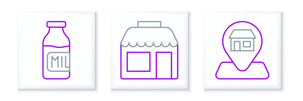 设置线位置市场商店，瓶与牛奶和图标。向量图片下载