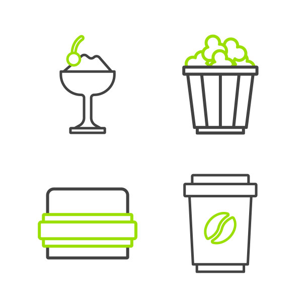 设定行咖啡杯去，汉堡，爆米花在盒子和冰淇淋碗图标。向量图片下载