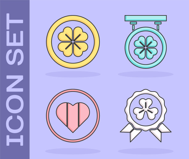 四叶三叶草套装奖章，四叶三叶草金币，心和快乐圣帕特里克节和街道招牌与四叶三叶草图标。向量图片下载