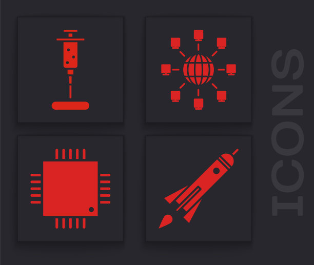 设置火箭船与火，注射器，社交网络和处理器与微电路CPU图标。向量图片下载