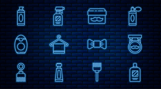 设置线瓶洗发水，理发店，膏或乳液化妆品罐，毛巾衣架，剃须凝胶泡沫，领结和理发师手枪喷雾瓶图标。向量图片下载