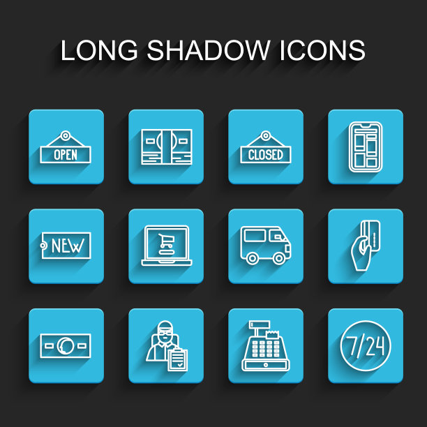 设定线纸币现金，快递员与纸箱，挂开的标志，收银机，时钟24小时，购物车笔记本电脑，手持信贷和货运卡车车辆图标。向量图片下载