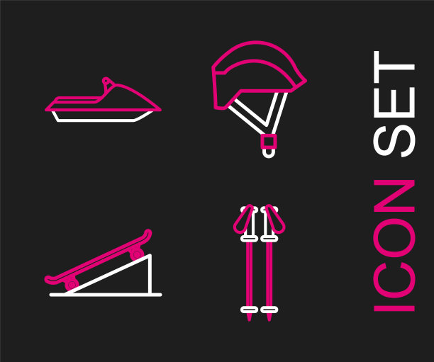 设置线滑雪杆，滑板在街道坡道，自行车头盔和喷气式滑雪图标。向量图片下载