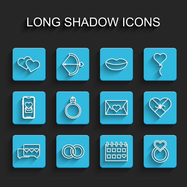 集线喜欢和心，结婚戒指，心，日历与，钻石订婚，糖果形状的盒子和信封情人节图标。向量图片下载