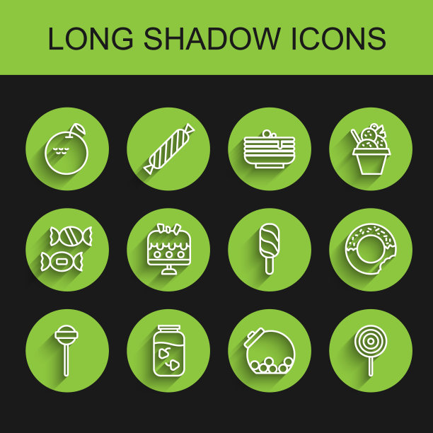 设置线棒棒糖，草莓果酱罐，苹果，玻璃杯内的糖果，蛋糕盘，甜甜圈和冰淇淋图标。向量图片下载