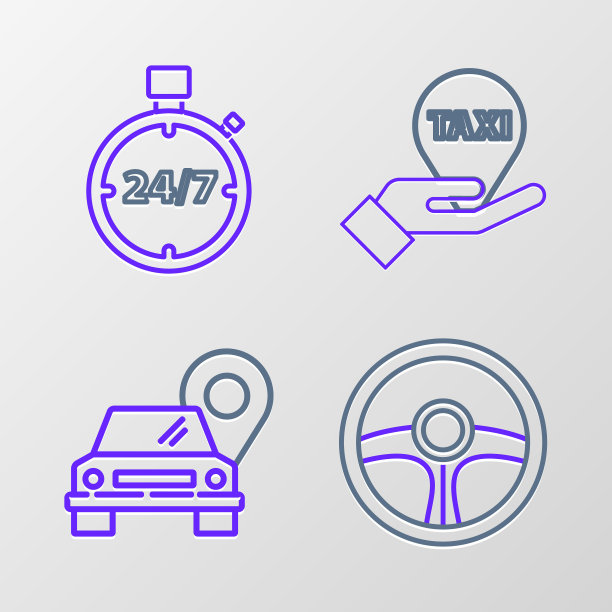 设置线方向盘，地图指针与出租车，手在地图和秒表24小时图标。向量图片下载