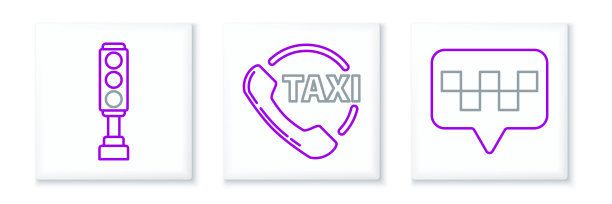 设置线路地图指针与出租车，交通灯和出租车呼叫电话服务图标。向量图片下载
