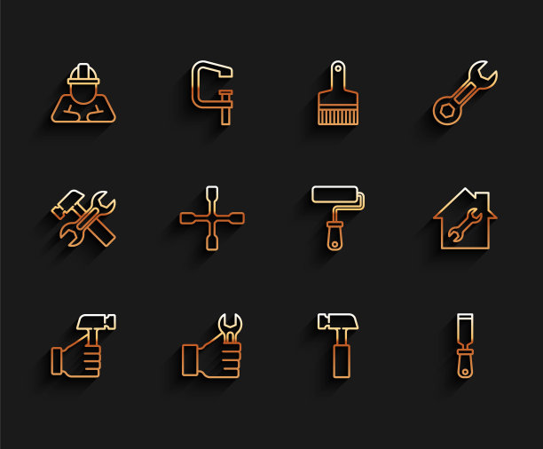 设置线锤，扳手扳手，建设者，锉刀金属锉，轮扳手，房屋维修和油漆刷辊图标。向量图片下载