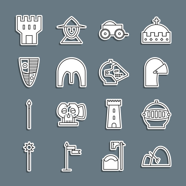 套装线捆干草和耙子，中世纪铁头盔，木制四轮推车，盾牌，城堡塔和图标。向量图片下载