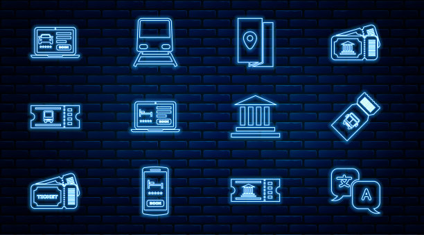 设置线路翻译，巴士票，封面书旅游指南，在线酒店预订，汽车共享，博物馆建筑和火车图标。向量图片下载