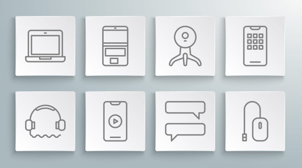 设置线耳机，笔记本电脑，在线播放视频，语音泡泡聊天，电脑鼠标，网络摄像头，手机和图标。向量图片下载