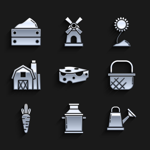 集奶酪，罐装牛奶容器，浇水罐，购物篮，胡萝卜，农场概念，向日葵和木制盒子与收获的图标。向量图片下载