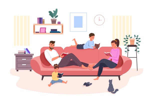 一家人读书。父母和孩子一起在家里的客厅里读童话书，爸爸和妈妈坐在沙发上为孩子儿子读故事书，矢量插图图片下载