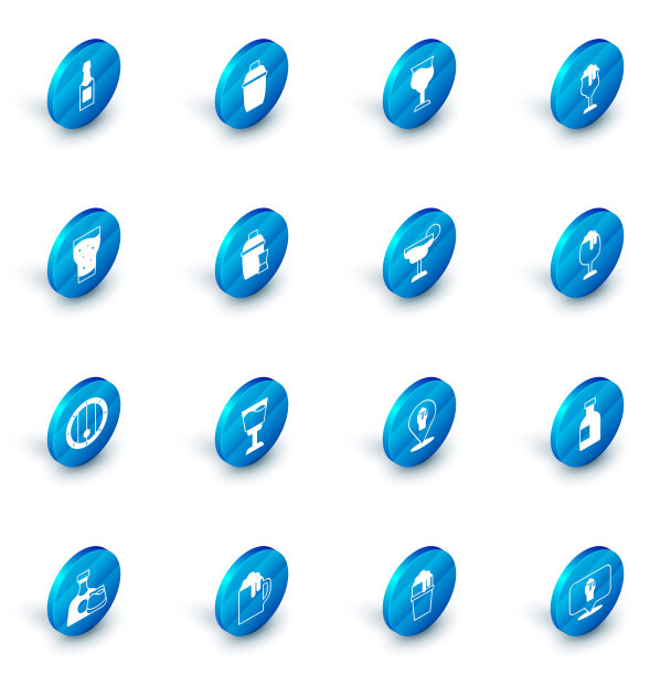 集鸡尾酒调酒器，葡萄酒杯，啤酒酒杯，木桶，和图标。向量图片下载