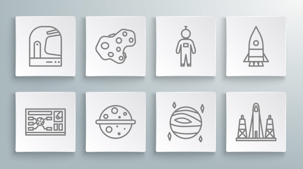 集线未来hud界面，小行星，行星金星，火箭发射从太空港，宇航员，船和头盔图标。向量图片下载