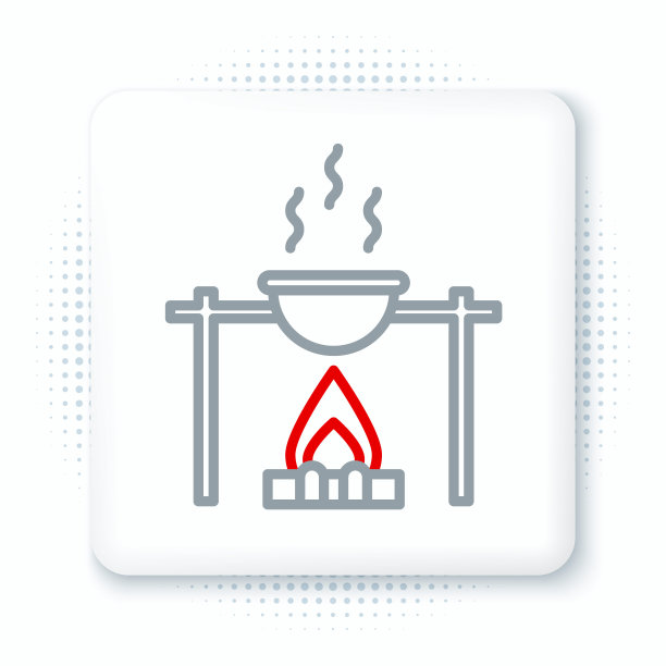 线营火和壶图标孤立的白色背景。火野营做饭在大锅上柴火和火焰。彩色轮廓概念。向量图片下载